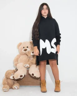 MSGM Kids Abito Nero con Cappuccio con Logo per Bambine