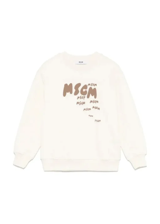 MSGM Kids Felpa Crema con Stampa per Bambini