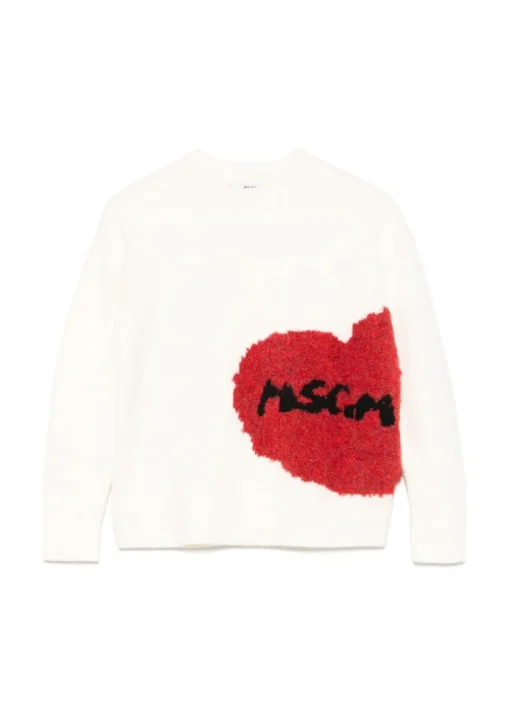 MSGM Kids Maglione Crema con Ricamo Cuore per Bambine