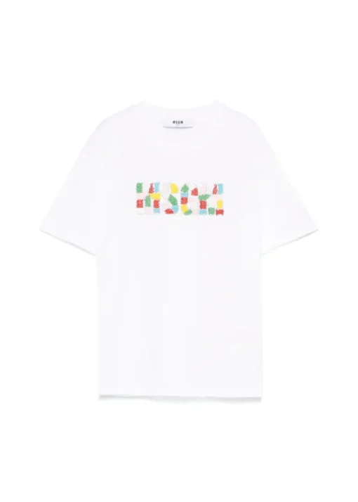 MSGM Kids T-shirt Bianca con Applicazione Perline per Bambine