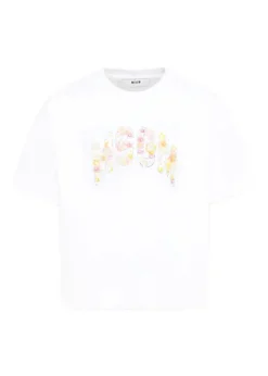 MSGM Kids T-shirt Bianca con Applicazione Fiori per Bambine