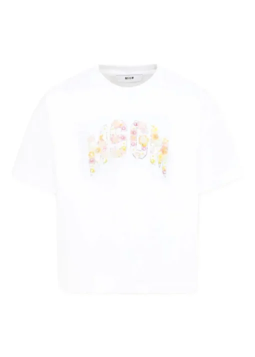 MSGM Kids T-shirt Bianca con Applicazione Fiori per Bambine