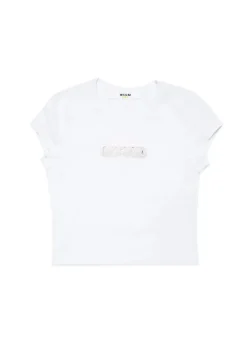 MSGM Kids T-shirt Bianca con Ricamo Logo per Bambine