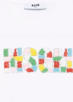 MSGM Kids T-shirt Bianca con Applicazione Perline per Bambine