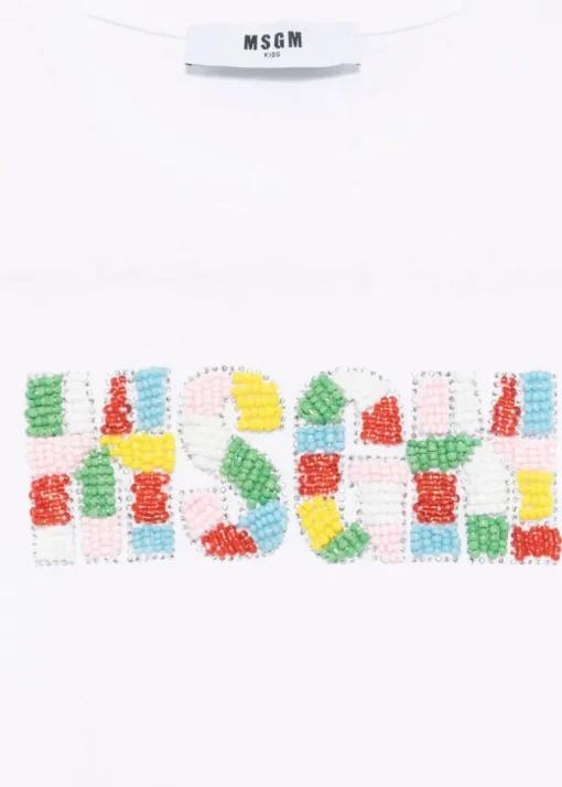 MSGM Kids T-shirt Bianca con Applicazione Perline per Bambine
