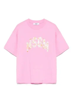 MSGM Kids T-shirt Rosa con Applicazione Fiori per Bambine