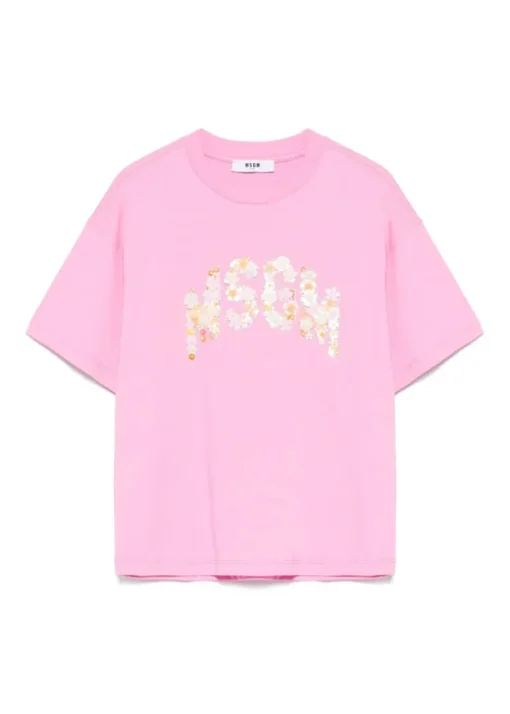 MSGM Kids T-shirt Rosa con Applicazione Fiori per Bambine