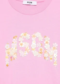MSGM Kids T-shirt Rosa con Applicazione Fiori per Bambine