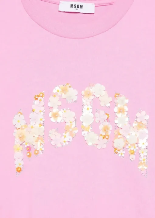 MSGM Kids T-shirt Rosa con Applicazione Fiori per Bambine