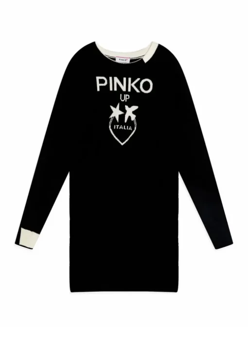 Pinko Kids Abito Nero in Maglia con Intarso Logo per Bambine