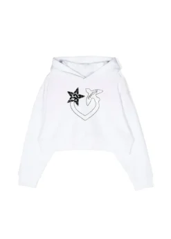 Pinko Kids Felpa Bianca Crop con Cappuccio con Strass per Bambine
