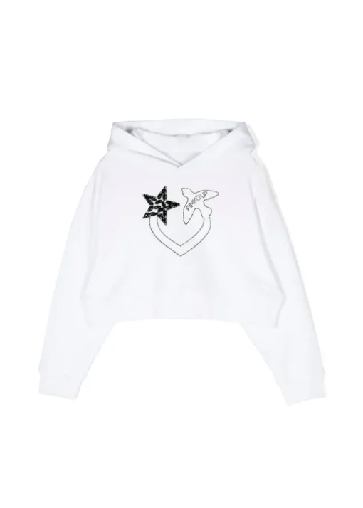 Pinko Kids Felpa Bianca Crop con Cappuccio con Strass per Bambine