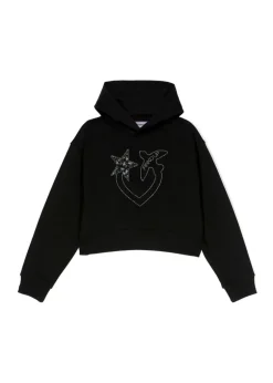 Pinko Kids Felpa Nera Crop con Cappuccio con Strass per Bambine