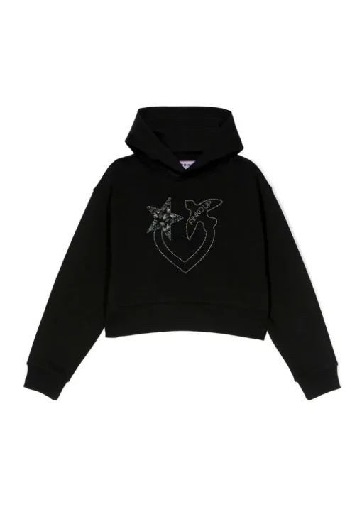 Pinko Kids Felpa Nera Crop con Cappuccio con Strass per Bambine