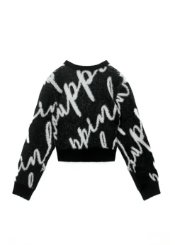 Pinko Kids Maglione Crop Nero con Logo All-over per Bambine