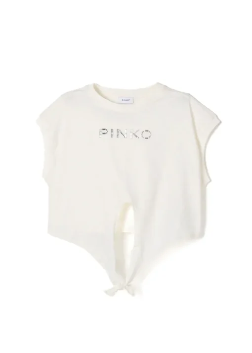 Pinko Kids T-shirt Crop con Borchie Bianco/Argento per Bambine