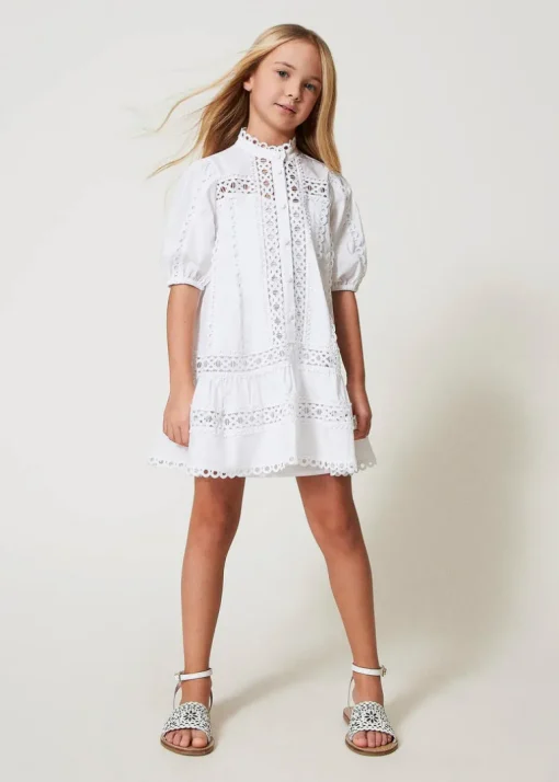 Twinset Kids Abito Bianco Ricamato per Bambine