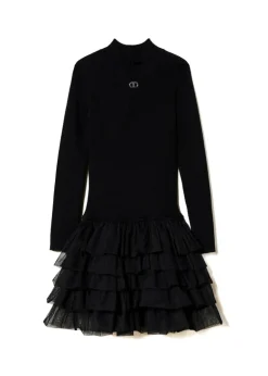 Twinset Kids Abito Nero a Costine con Gonna Tulle per Bambine