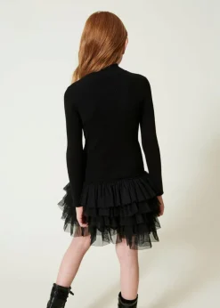 Twinset Kids Abito Nero a Costine con Gonna Tulle per Bambine