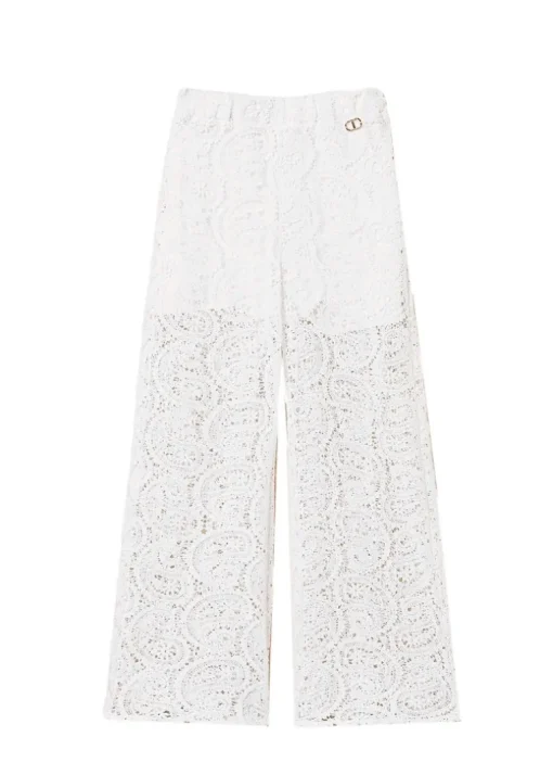 Twinset Kids Pantaloni Bianchi in Pizzo Macramè per Bambine