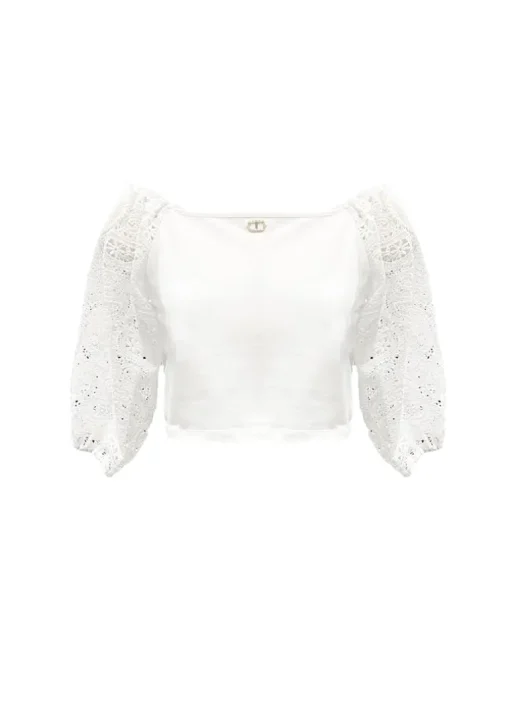 Twinset Kids Top Bianco con Pizzo per Bambine