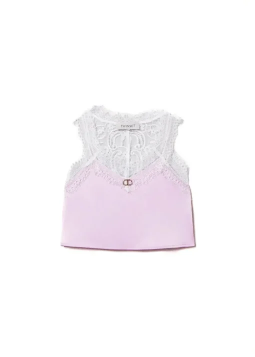 Twinset Kids Top Bianco/Viola con Pizzo per Bambine