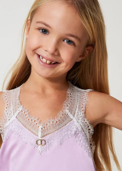 Twinset Kids Top Bianco/Viola con Pizzo per Bambine