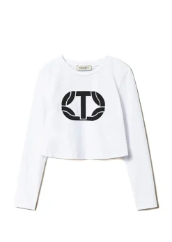 Twinset Kids T-shirt Bianca Crop con Logo Gommato per Bambine