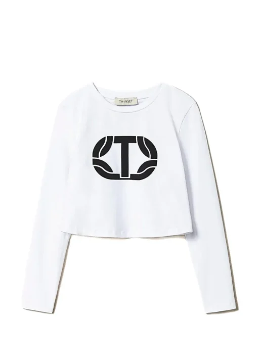 Twinset Kids T-shirt Bianca Crop con Logo Gommato per Bambine