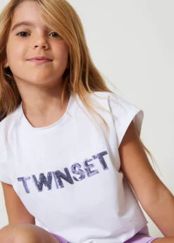 Twinset Kids T-Shirt Bianca con Applicazione Logo per Bambine