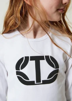 Twinset Kids T-shirt Bianca Crop con Logo Gommato per Bambine